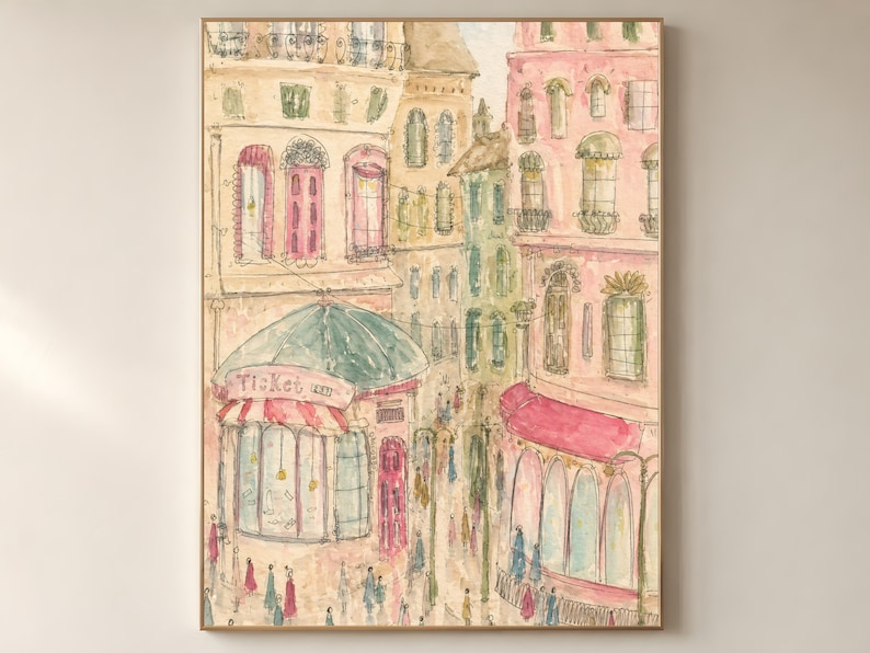 Parisian street scene watercolor wall art print with pink doors, teal awnings, and soft figures strolling below European architecture