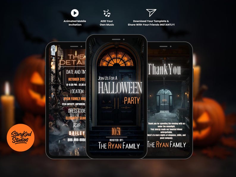 May include: Three smartphones displaying digital Halloween party invitation templates. The screens feature dark, atmospheric imagery of a mansion entrance, pumpkins, and candles, with white text detailing event information and a thank you message.