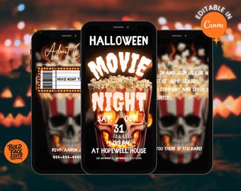 Halloween Movie Night Animated Digital Invitation I Halloween Party (Editable Canva Template)