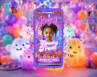 May include: A digital invitation for a Halloween party, featuring a young girl's photo within a purple frame. The invitation reads "Bella's Spooky Treat" with the date October 31st, 2025. Colorful balloons and decorations fill the background.