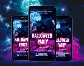 May include: Three smartphones displaying a Halloween party invitation. The design features a haunted mansion, full moon, and ghostly figures. Text includes "Halloween Party," time, date, and location.
