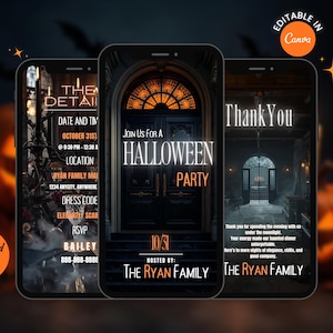 May include: Three smartphone screens displaying digital Halloween party invitation templates. The designs feature dark, gothic architecture, orange lighting, and text including Join Us For A Halloween Party, The Ryan Family, and Thank You.