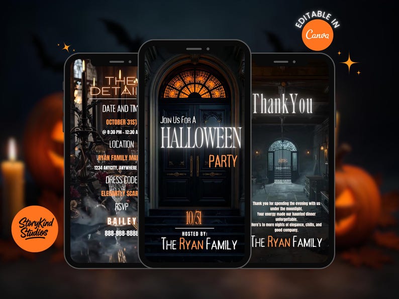 May include: Three smartphone screens displaying digital Halloween party invitation templates. The designs feature dark, gothic architecture, orange lighting, and text including Join Us For A Halloween Party, The Ryan Family, and Thank You.