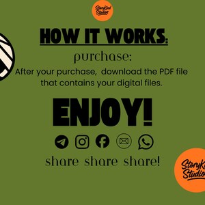 May include: An olive green digital instruction graphic featuring a cartoon mummy with yellow eyes. Text reads: HOW IT WORKS: purchase: After your purchase, download the PDF file that contains your digital files. ENJOY! share share share! StoryKind Studios.