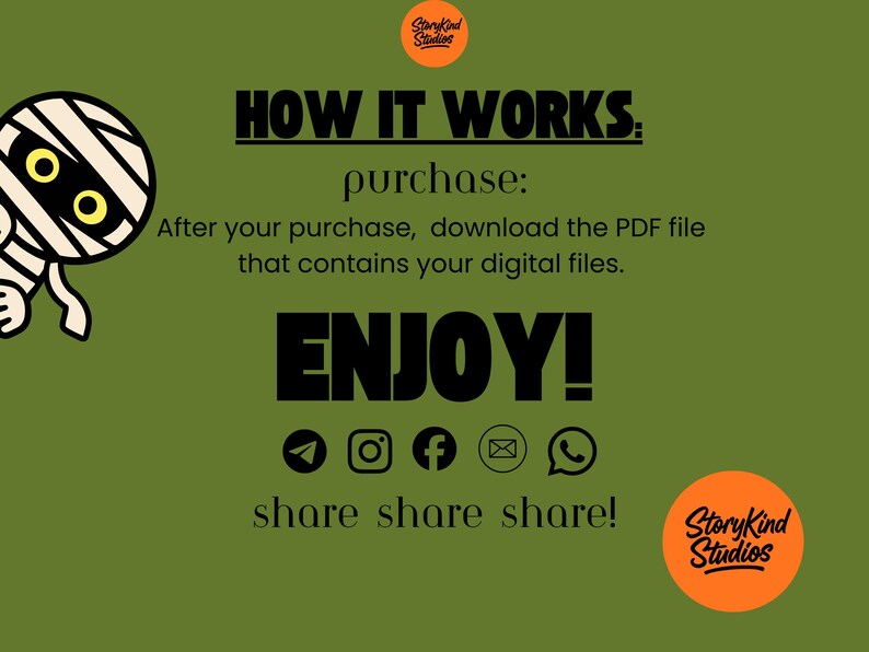 May include: An olive green digital instruction graphic featuring a cartoon mummy with yellow eyes. Text reads: HOW IT WORKS: purchase: After your purchase, download the PDF file that contains your digital files. ENJOY! share share share! StoryKind Studios.