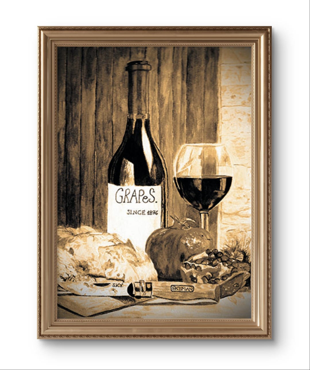 Vintage Sepia Wine Still Life Watercolor Print, Rustic Kitchen Art ...