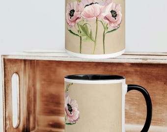 Coffee Mug, Watercolor Poppies Cup, Heirloom Petals
