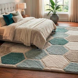 Può includere: Una scena di camera da letto con un letto con testiera trapuntata, cuscini e un piumino color crema. Un tappeto fantasia con forme esagonali nei toni del blu, beige e crema copre il pavimento. Due comodini con lampade affiancano il letto.