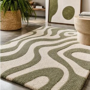 Modern Abstract Green and Ivory Area Rug Contemporary Wavy Pattern Soft Plush Living Room Carpet for Bedroom, Dining Room, and Home Décor