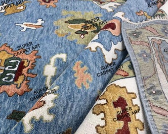 Hand Knotted Wool Oushak Rug: Earthy Blue Accent, 8x10