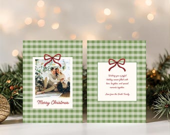May include: Two Christmas cards with a green and white gingham pattern. One card has a photo of a couple and the text "Merry Christmas." The other card has a message with a red bow. Festive holiday theme.
