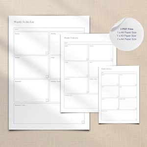 Op de afbeelding: Een set van drie witte, afdrukbare wekelijkse to-do list sjablonen in A6, A5 en A4 papierformaten. Elke sjabloon heeft een rasterindeling met secties voor elke dag, met de tekst "Weekly To Do List" bovenaan.