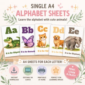 ABC Animal Alphabet Canva Template | Editable A4 Posters (A–Z) | Kids Educational Wall Art