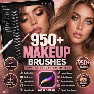 Puede incluir: Set de pinceles de maquillaje digitales para Procreate con dos mujeres maquilladas. La imagen incluye el texto "950+ Makeup Brushes" e iconos de pinceles de ojos, labios, piel y cabello, además de un icono de kit de belleza. También se muestra una opción de descarga instantánea.