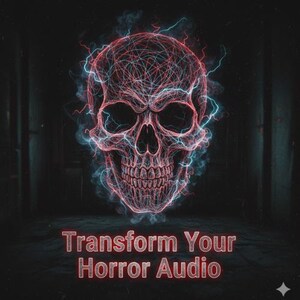 May include: A graphic illustration of a human skull formed by intricate red and blue glowing lines resembling electrical currents or smoke. Below the skull, the text Transform Your Horror Audio is displayed in a bold, red, sans-serif font.