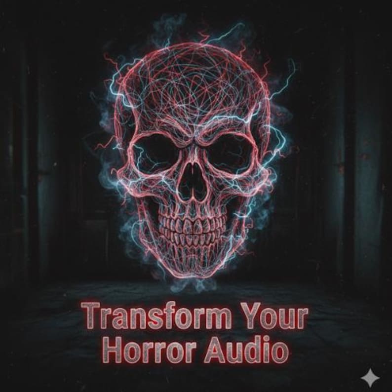 May include: A graphic illustration of a human skull formed by intricate red and blue glowing lines resembling electrical currents or smoke. Below the skull, the text Transform Your Horror Audio is displayed in a bold, red, sans-serif font.