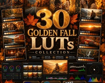 Colección de 30 LUTs de Otoño Dorado / LUTs de Otoño Cálido para Edición de Video y Fotografía. Paquete de Corrección de Color Cinematográfica para Premiere Pro y Final Cut Pro.