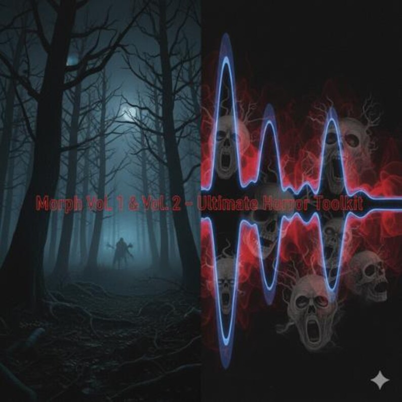 May include: A split-screen graphic titled Morph Vol. 1 & Vol. 2 - Ultimate Horror Toolkit. The left side shows a dark, misty forest with a silhouetted figure. The right side features a blue sound wave overlaying red smoke and multiple screaming skulls.