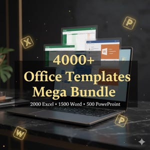 Op de afbeelding: Een laptop toont meerdere geopende vensters van kantoorsoftware, waaronder Excel, Word en PowerPoint. De afbeelding toont de tekst "4000+ Office Templates Mega Bundle" met 2000 Excel, 1500 Word en 500 PowerPoint sjablonen.