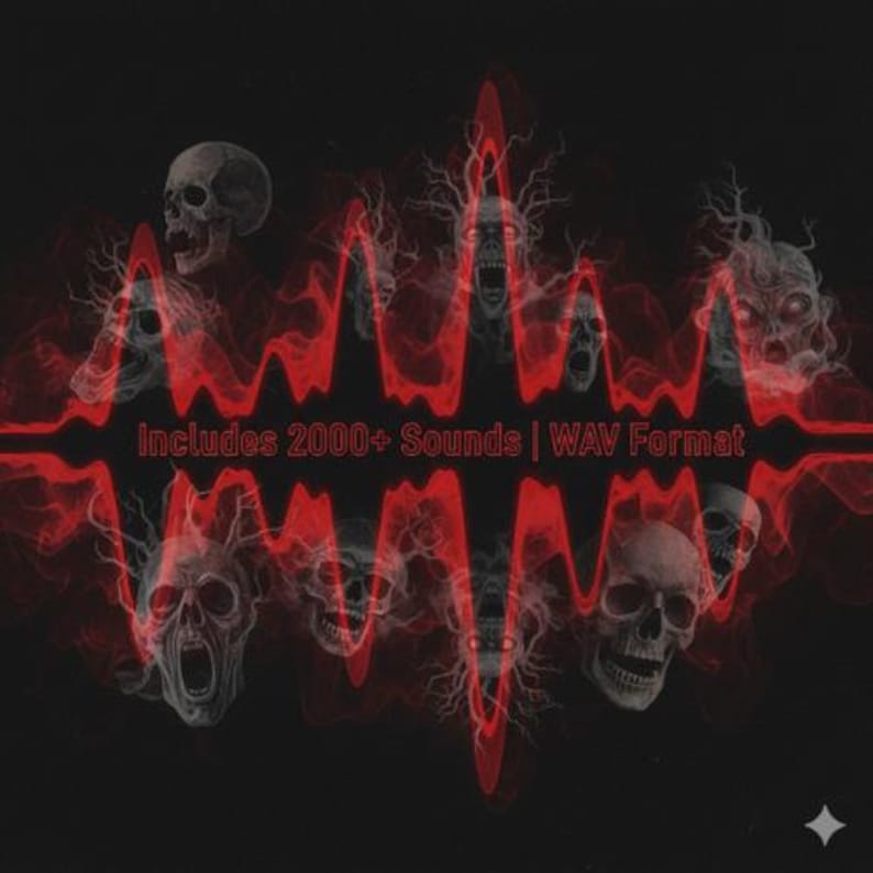May include: A black digital graphic featuring multiple grey human skulls surrounded by a vibrant red, symmetrical sound wave pattern. The text "Includes 2000+ Sounds | WAV Format" is centered in red, with a small four-pointed star icon in the bottom right.