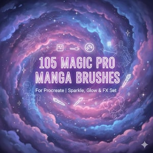 Puede incluir: Imagen digital con un fondo de galaxia arremolinada en tonos morados, azules y rosas. El texto "105 MAGIC PRO MANGA BRUSHES" está centrado, con texto adicional debajo. Ilustraciones delineadas de figuras y pinceles están dispersas.