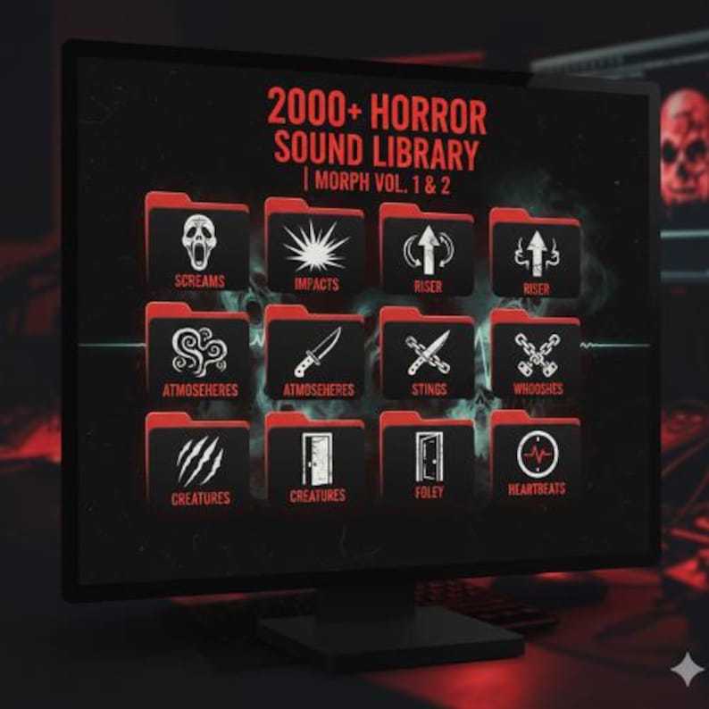 May include: A computer monitor displaying a 2000+ Horror Sound Library interface with red folder icons labeled Screams, Impacts, Riser, Atmoseheres, Stings, Whooshes, Creatures, Foley, and Heartbeats, featuring white graphic icons for each sound category.