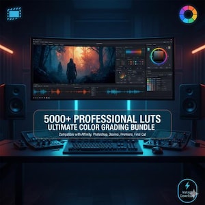 May include: A curved monitor displays a color grading interface with a forest scene. The image features a keyboard, mouse, and audio monitors. Text reads "5000+ PROFESSIONAL LUTS ULTIMATE COLOR GRADING BUNDLE".