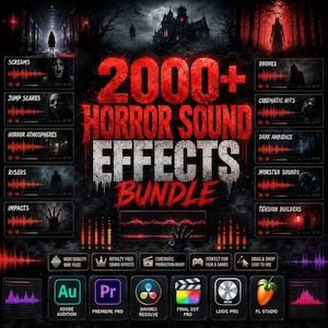 以下が含まれることがあります： 「2000+ HORROR SOUND EFFECTS BUNDLE」という赤い文字と白い文字のタイトルが記されたデジタル製品のグラフィック。暗く不気味なシーン、赤いオーディオ波形、Adobe AuditionやFL Studioなどのソフトウェアアイコンが配置されています。