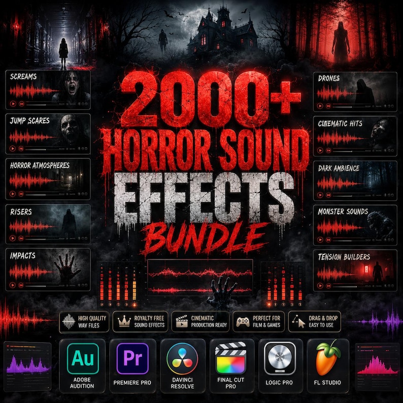 May include: A digital product graphic titled 2000+ HORROR SOUND EFFECTS BUNDLE in red and white text. The image features dark, eerie scenes, red audio waveforms, and icons for software like Adobe Audition, Premiere Pro, and FL Studio.