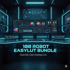 May include: A futuristic workstation with a large curved monitor displaying color grading software. The image features the text "100 ROBOT EASYLUT BUNDLE" and "Cinematic Color Grading LUTs" in a neon blue font. The scene is illuminated with blue lights.