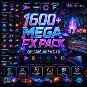 Mega FX-pakket voor After Effects | 1600+ overgangen, effecten, titels en voorinstellingen | AtomX-extensie | Geen plug-ins nodig Motion Graphics Toolkit
