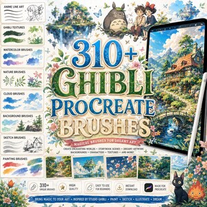 Más de 310 pinceles para Procreate inspirados en Ghibli / Paquete de pinceles de arte anime y fantástico / Pinceles de acuarela, arte lineal y texturas para fondos en Procreate