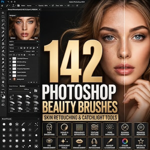 Może przedstawiać: Grafika cyfrowa promująca 142 pędzle kosmetyczne do Photoshopa do retuszu skóry i narzędzi do łapania światła. Obraz przedstawia porównanie przed i po twarzy kobiety, pokazując efekty pędzli. Ikony różnych narzędzi.