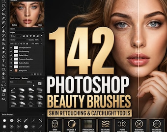 Pakiet 142 pędzli upiększających do Photoshopa | Pędzle do retuszu skóry i Catchlight (ABR) | Profesjonalne narzędzia do retuszu | Pobieranie cyfrowe