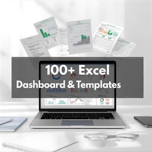 Może przedstawiać: Laptop wyświetlający pulpit nawigacyjny Excela z wykresami. Ekran pokazuje wizualizacje danych i tekst "100+ Excel Dashboard & Templates". Kilka wydrukowanych raportów z wykresami unosi się nad laptopem.