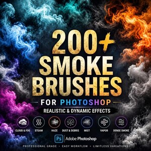 May include: A digital graphic featuring the text 200+ SMOKE BRUSHES FOR PHOTOSHOP REALISTIC & DYNAMIC EFFECTS. The background displays swirling clouds of blue, orange, purple, and white smoke. Seven circular icons represent cloud, steam, haze, dust, mist, vapor, and dense smoke.