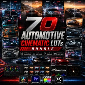 Puede incluir: Un paquete digital de 70 LUTs cinematográficos para automoción que incluye ejemplos de fotografía de coches antes y después, paneles de interfaz de gradación de color e iconos de software para DaVinci Resolve, Premiere Pro, Final Cut Pro y CapCut.