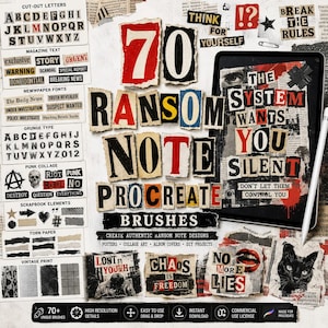 May include: A digital design kit featuring ransom note style typography, torn paper textures, and punk collage elements. The display shows a tablet screen with the text THE SYSTEM WANTS YOU SILENT and DON'T LET THEM CONTROL YOU in cut-out letters.