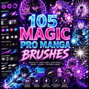 May include: A digital collection of 105 Magic Pro Manga Brushes featuring vibrant purple and blue anime-style illustrations. The graphic includes text labels for magic circles, energy blasts, speed lines, glow effects, and manga effects.