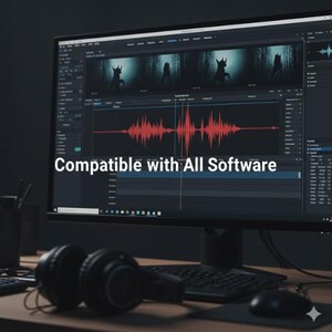 May include: A computer monitor displaying a video editing interface with a red audio waveform and dark imagery, featuring the white text overlay Compatible with All Software, accompanied by black over-ear headphones and a computer mouse.