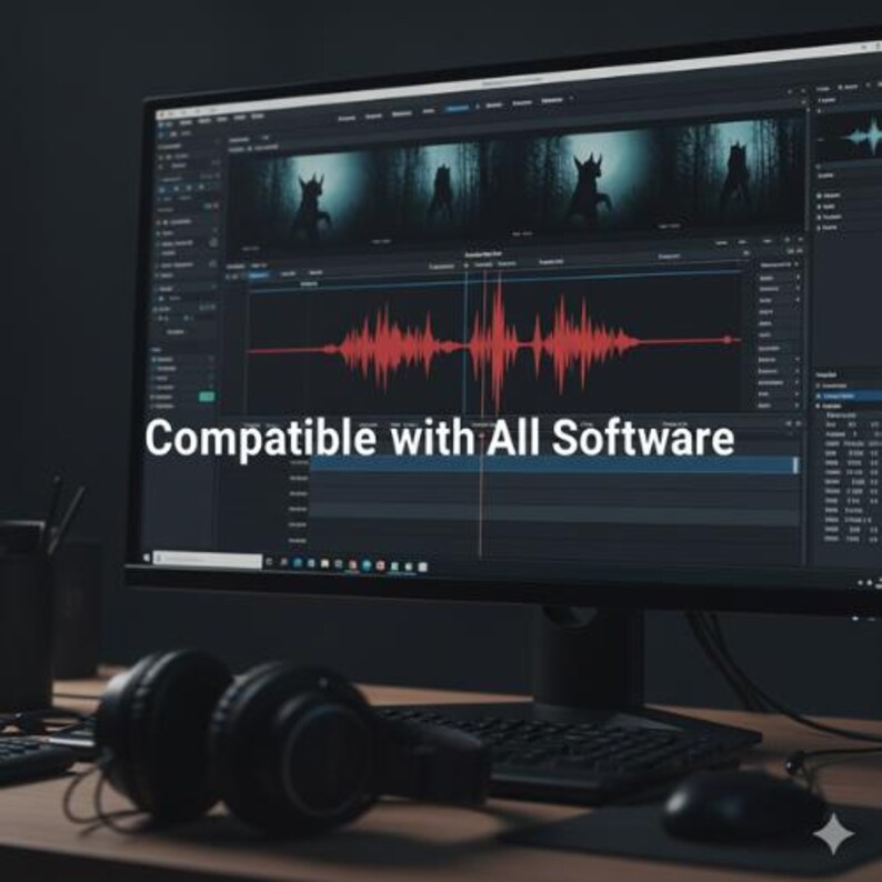 May include: A computer monitor displaying a video editing interface with a red audio waveform and dark imagery, featuring the white text overlay Compatible with All Software, accompanied by black over-ear headphones and a computer mouse.