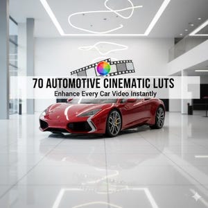 Pode incluir: Um carro esportivo vermelho com uma faixa branca está estacionado em um chão branco brilhante. A imagem inclui o texto "70 AUTOMOTIVE CINEMATIC LUTS" e "Enhance Every Car Video Instantly". Uma tira de filme e uma roda de cores também estão presentes.
