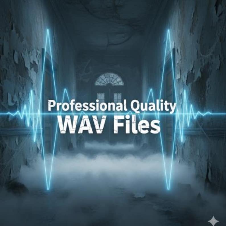 May include: A digital graphic featuring a glowing blue sound wave line centered over a dark, foggy hallway with peeling walls and a central doorway. The text Professional Quality WAV Files is displayed in white, bold, sans-serif lettering.