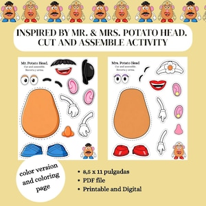 Puede incluir: Una hoja de actividad para recortar y armar con los personajes Mr. y Mrs. Potato Head. Incluye dos páginas con cuerpos de papa naranjas, rasgos faciales, brazos y zapatos. El texto dice: INSPIRED BY MR. & MRS. POTATO HEAD. CUT AND ASSEMBLE ACTIVITY.