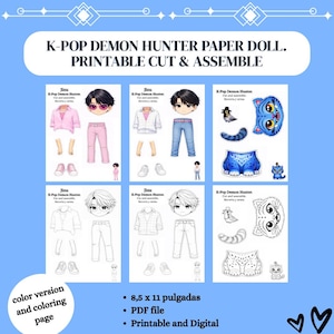 Puede incluir: Un fondo azul presenta un juego de muñecas de papel K-Pop Demon Hunter imprimibles. El juego incluye páginas para colorear y coloreadas, con instrucciones de corte y montaje. El texto dice "K-POP DEMON HUNTER PAPER DOLL. PRINTABLE CUT & ASSEMBLE."