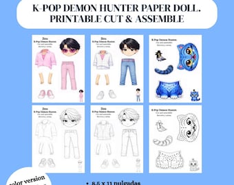 Chibi K-Pop Dämonenjäger-Papierpuppe | Druckvorlage zum Ausschneiden und Zusammenbauen | Digitaler Download | Jinu SajaBoys