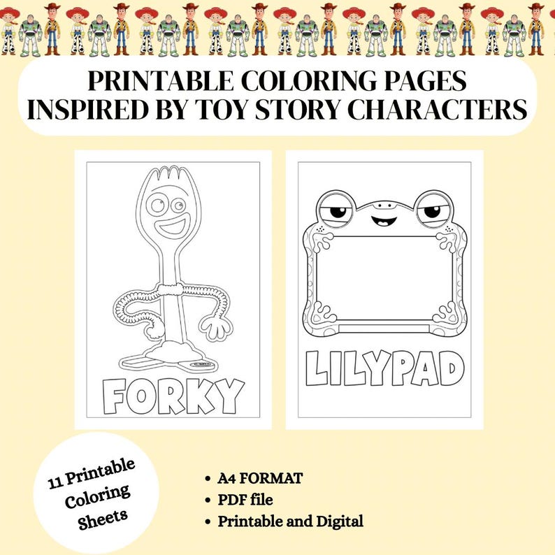 May include: Printable colouring pages featuring Toy Story characters, including a Forky illustration and a frog-shaped frame labelled Lilypad. The set includes 11 printable colouring sheets in A4 format, provided as a PDF file for digital or physical use.