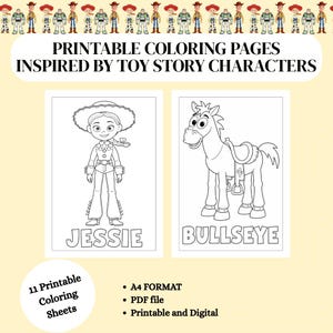 May include: A set of 11 printable colouring pages featuring Toy Story characters. The pages include black and white line art of Jessie and Bullseye with their names printed below. The text reads Printable Colouring Pages Inspired By Toy Story Characters.