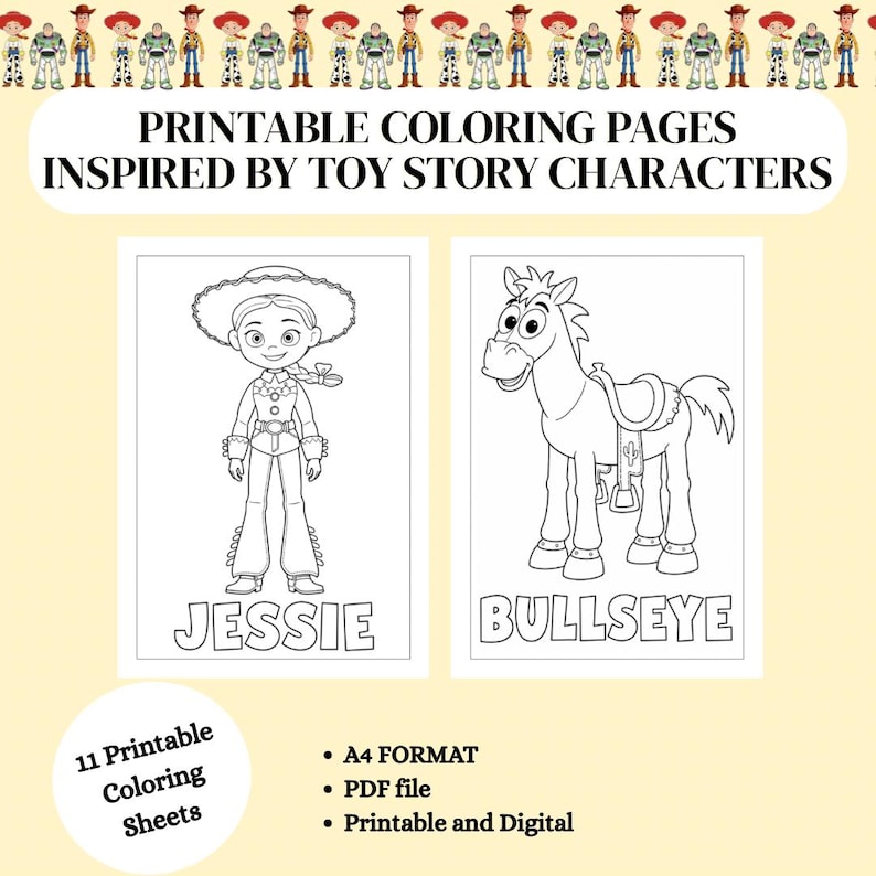 May include: A set of 11 printable colouring pages featuring Toy Story characters. The pages include black and white line art of Jessie and Bullseye with their names printed below. The text reads Printable Colouring Pages Inspired By Toy Story Characters.