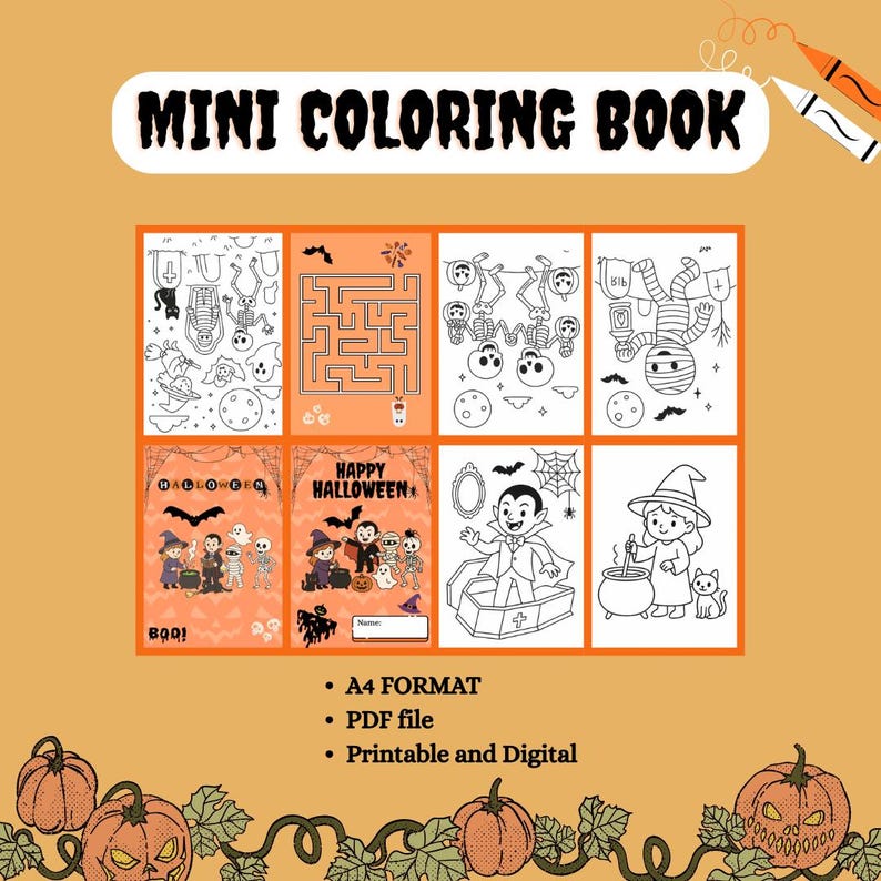 K&ouml;nnte beinhalten: Ein Mini-Malbuch mit Halloween-Illustrationen. Auf dem Cover steht "MINI COLORING BOOK". Im Inneren befinden sich Schwarz-Wei&szlig;-Zeichnungen von Skeletten, Vampiren, Hexen und anderen gruseligen Figuren. Das Buch ist im A4-Format, eine PDF-Datei und druckbar.